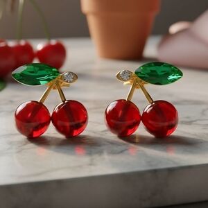 Red Cherry Stud Earrings Crystal Rhinestone 925 Silver Post Coquette Gold Tone